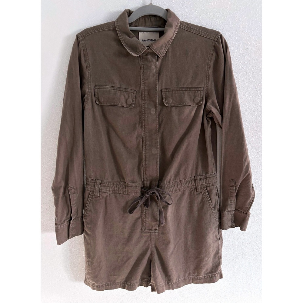 Lands End Jumpsuit Womens 8 Brown Linen 3" Shorts Utility Long Sleeve Romper